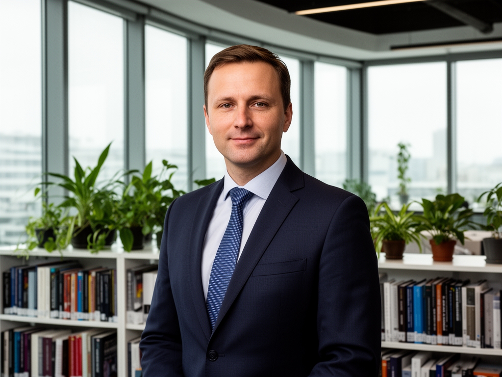 Przestronne nowoczesne biuro z dużymi oknami, przy których stoją regały z książkami naukowymi i roślinami, symbolizujące środowisko pracy badawczo-edukacyjnej