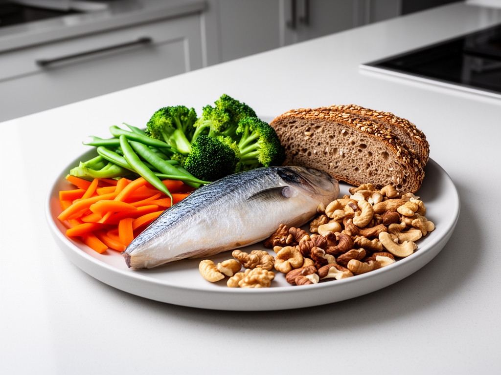 Starannie skomponowany talerz ze świeżymi warzywami, rybą, pełnoziarnistym pieczywem i orzechami na jasnym blacie kuchennym, wizualizacja zbilansowanej diety