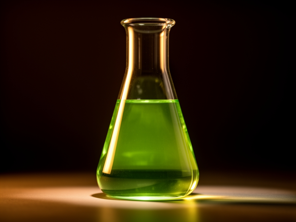 Elegancka przezroczysta szklana kolba z jasnozielonym płynem na ciemnym tle, oświetlona ciepłym kierunkowym światłem, ukazująca precyzję i naukową estetykę