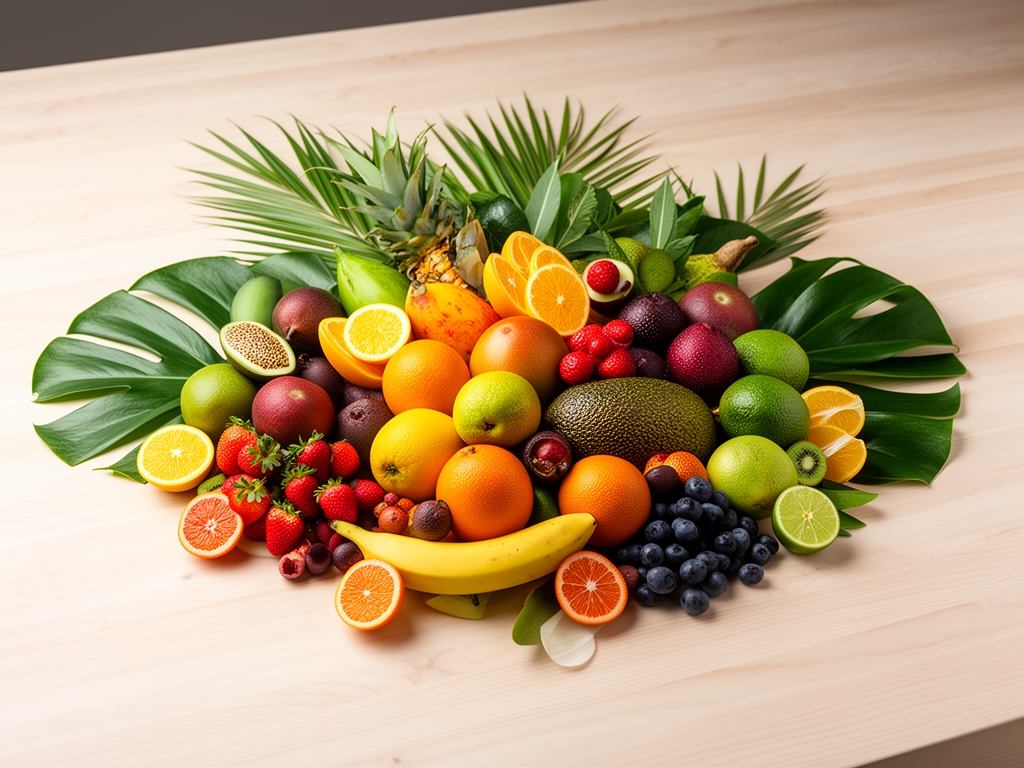 Soczyste tropikalne owoce i liście zieleni ułożone na jasnym drewnianym stole, symbolizujące naturalną witaminową różnorodność