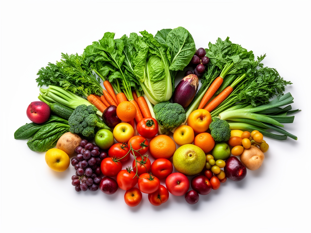 Widok z góry na różnorodne świeże warzywa i owoce ułożone na białym tle, z wyraźnymi teksturami i kolorami natury